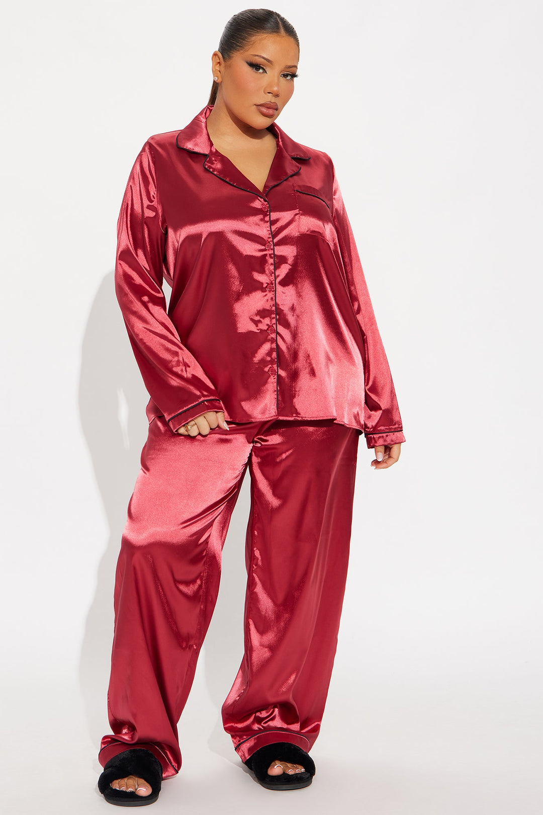 L&A | Crimson Luxe – Satin Long Sleeve PJ Set