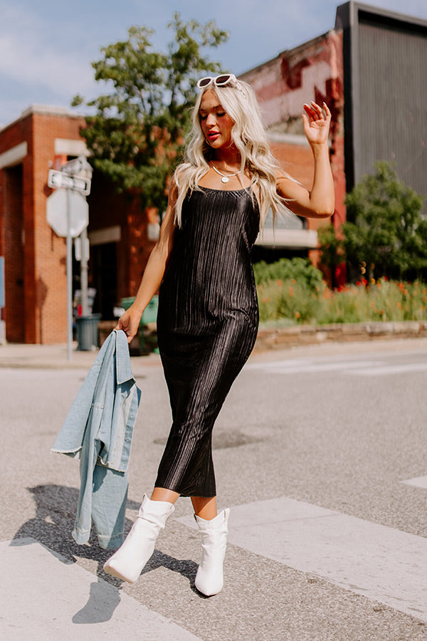 L&A | Flirty Frills Pleated Midi In Black