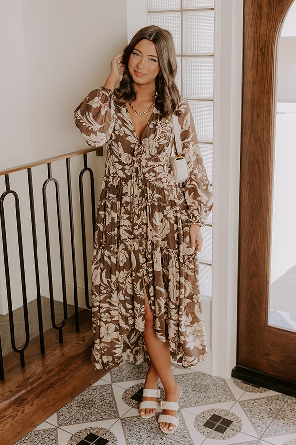 L&A | Vino Sipping Floral Midi Dress in Mocha