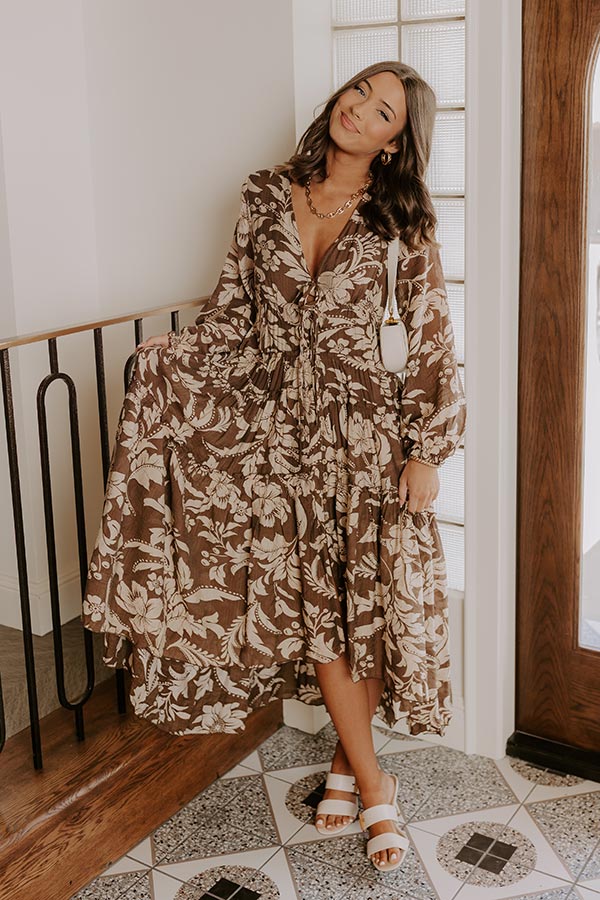 L&A | Vino Sipping Floral Midi Dress in Mocha