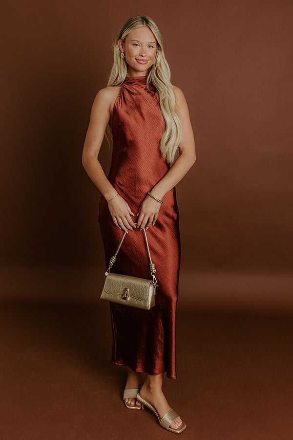 L&A | Glitz And Glam Satin Midi Dress in Rust