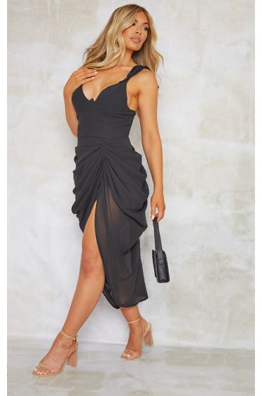 L&A | Noir Elegance Draped Midi Dress