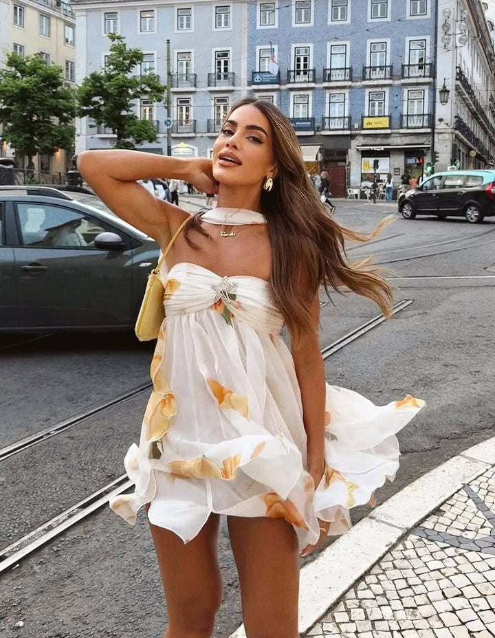 L&A | Isabel Halter Neck Ruffled Printed Mini Dress