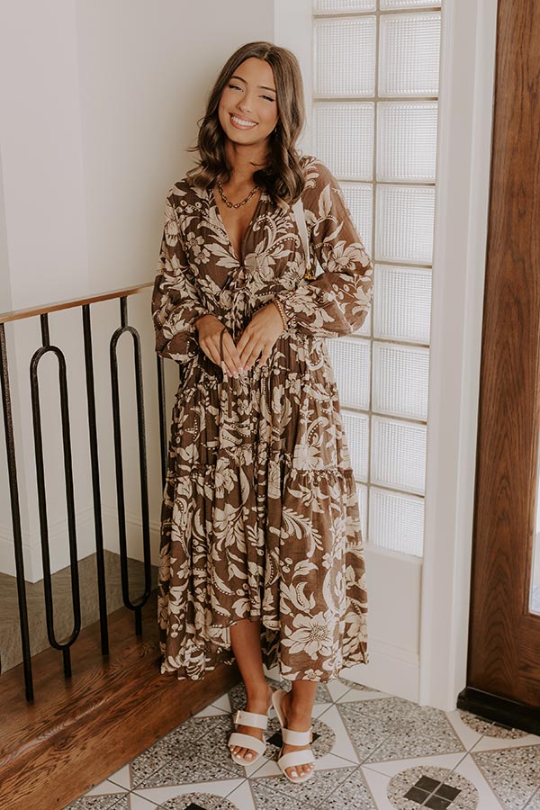 L&A | Vino Sipping Floral Midi Dress in Mocha
