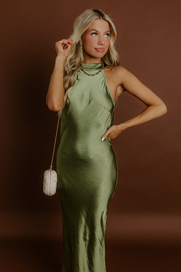 L&A | Glitz And Glam Satin Midi Dress in Olive