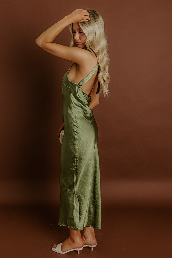 L&A | Glitz And Glam Satin Midi Dress in Olive